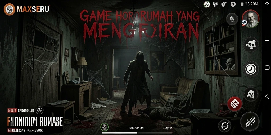 Antarmuka permainan MAXSERU yang mencekam dan menakutkan.